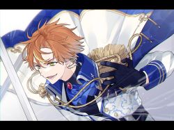 Rule 34 | 1boy, aiguillette, ascot, black gloves, blonde hair, blue ascot, ear piercing, epaulettes, gem, gloves, highres, holding, holding sword, holding weapon, kaitou shinshi no harahara!? white day (project sekai), letterboxed, long sleeves, male focus, multicolored hair, nes 402, official alternate costume, orange hair, piercing, project sekai, red gemstone, shinonome akito, short hair, smile, streaked hair, sword, weapon, yellow eyes