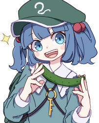 Rule 34 | 1girl, absurdres, blue eyes, blue hair, blue shirt, blush stickers, collared shirt, cucumber, flat cap, food, green hat, hair bobbles, hair ornament, hat, highres, kame (kamepan44231), kawashiro nitori, key, long sleeves, looking at viewer, medium hair, one-hour drawing challenge, shirt, simple background, solo, sparkle, touhou, two side up, vegetable, white background