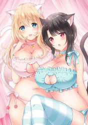 Rule 34 | 10s, 2girls, :p, alternate color, animal ears, atago (kancolle), bell, black hair, blonde hair, blue eyes, blush, bra, breasts, cat cutout, cat lingerie, cleavage, cleavage cutout, clothing cutout, curvy, highres, huge breasts, jingle bell, kantai collection, long hair, looking at viewer, meme attire, multiple girls, nanairo fuuka, navel, panties, plump, red eyes, short hair, side-tie panties, tail, takao (kancolle), tongue, tongue out, underwear, wide hips