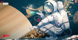 Rule 34 | 1girl, :d, ^ ^, absurdres, astronaut, closed eyes, earth (planet), closed eyes, green hair, hat, unworn hat, unworn headwear, highres, huang gua, komeiji koishi, looking at viewer, looking to the side, moon, open mouth, planet, recording, smile, solo, space, spacesuit, squatting, star (sky), sun hat, touhou, viewfinder, |d