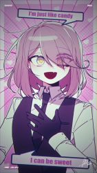 Rule 34 | 1other, androgynous, ciel valentine, extra eyes, fang, formal, gloves, green eyes, heart, heart-shaped pupils, medium hair, nn eul 01, original, pink background, suit, symbol-shaped pupils