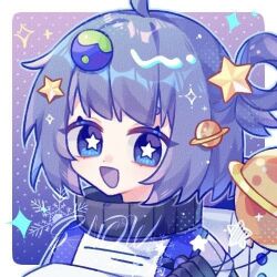Rule 34 | 1girl, ahoge, artist name, astronaut, backpack, bag, black gloves, blue eyes, blue hair, blue outline, border, bright pupils, clenched hand, colored eyelashes, earth (ornament), gloves, gradient background, hair ornament, looking at viewer, lowres, open mouth, original, outline, outside border, planet, planet hair ornament, planetary ring, polka dot, polka dot background, purple background, short hair, simple background, single hair ring, smile, snow yuexia duzhuo, solo, sparkle, star-shaped pupils, star (symbol), star hair ornament, sweater, symbol-shaped pupils, third-party source, upper body, white bag, white border, white pupils, white sweater