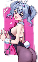Rule 34 | 1girl, absurdres, animal ears, ass, bare shoulders, black leotard, blue eyes, blue hair, bow, breasts, commentary, cuffs, detached collar, fake animal ears, fake tail, hair ornament, handcuffs, hatsune miku, heart, heart-shaped pupils, highleg, highleg leotard, highres, leotard, looking at viewer, medium breasts, nassss, open mouth, pantyhose, pink nails, playboy bunny, pure pure (rabbit hole), rabbit ears, rabbit hole (vocaloid), rabbit tail, red bow, red ribbon, ribbon, solo, symbol-shaped pupils, tail, teardrop facial mark, twintails, twitter username, vocaloid, x hair ornament