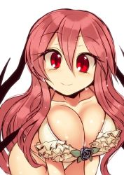Rule 34 | 1girl, alternate costume, bikini, blue flower, blue rose, blush, breasts squeezed together, breasts, cleavage, collarbone, cowboy shot, demon girl, flower, frilled bikini, frills, hair between eyes, head wings, koakuma, kuresento, large breasts, leaf, leaning forward, long hair, looking at viewer, red eyes, red hair, rose, simple background, smile, solo, standing, swimsuit, touhou, wet, wide hips, wings