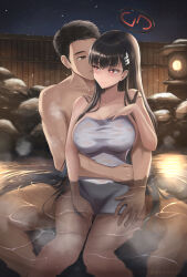Rule 34 | 1boy, 1girl, bathing, black hair, blue archive, breasts, brown eyes, commentary, commission, fence, hair ornament, hairclip, halo, hetero, highres, large breasts, mixed-sex bathing, naked towel, night, night sky, onsen, red eyes, rio (blue archive), rock, shared bathing, sitting, sky, skyde kei, towel, water