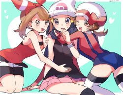 Rule 34 | 3girls, :d, ;d, ass, bad id, bad pixiv id, bare arms, bare shoulders, bike shorts, bike shorts under shorts, blue eyes, blue hair, bow, brown eyes, brown hair, cabbie hat, creatures (company), dark blue hair, dawn (pokemon), game freak, hairband, hat, hat bow, heart, hug, kneeling, long hair, looking at viewer, lyra (pokemon), may (pokemon), multiple girls, nintendo, one eye closed, open mouth, overalls, pink skirt, pokemon, pokemon dppt, pokemon hgss, pokemon oras, red bow, red hairband, red scarf, red shirt, ririmon, round teeth, scarf, shirt, shorts, skirt, sleeves past elbows, smile, tank top, teeth, thighhighs, twintails, white hat, white legwear, white shorts