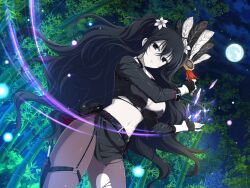 Rule 34 | 1girl, bamboo, bamboo forest, black eyes, black gloves, black hair, breasts, cleavage, fighting stance, fingerless gloves, flower, flower on head, forest, fubuki (senran kagura), full moon, gloves, hand fan, kunai, large breasts, looking at viewer, moon, nature, navel, official art, pale skin, pantyhose, senran kagura, senran kagura new link, torn clothes, torn pantyhose, weapon