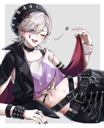 Rule 34 | 1boy, belt, beret, black hair, black jacket, black nails, black pants, blonde hair, blush, crop top, earrings, facial mark, genshin impact, hair ornament, hat, highres, jacket, jewelry, kuromuru, long sleeves, looking at viewer, lyney (genshin impact), male focus, midriff, navel, one eye closed, open mouth, pants, purple eyes, purple shirt, shirt, short hair, smile, solo, spiked hat, star (symbol), star hair ornament, stomach, teardrop facial mark, top hat