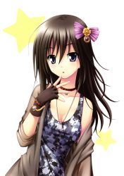 Rule 34 | 1girl, :o, absurdres, ahoge, bare shoulders, black dress, blue eyes, blush, breasts, brown gloves, brown hair, character request, cleavage, dress, fingerless gloves, floral print, gloves, hair ornament, highres, jewelry, long hair, looking at viewer, matra milan, necklace, official art, omamori himari, open mouth, parted lips, pendant, simple background, sleeveless, sleeveless dress, solo, white background
