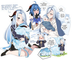 Rule 34 | 3girls, ahoge, baby, bare shoulders, bell, black gloves, blue eyes, blue hair, blush, crying, detached sleeves, english text, ganyu (genshin impact), ganyu (qilin) (genshin impact), genshin impact, gloves, goat horns, grey hair, hair over one eye, highres, hinagi (fox priest), horns, if they mated, long hair, mother and daughter, multiple girls, neck bell, purple eyes, shenhe (genshin impact), stuffed animal, stuffed toy, very long hair, white hair, yuri