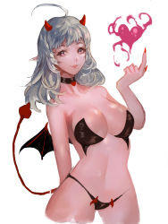 Rule 34 | 1girl, ahoge, arm at side, bare shoulders, bat wings, bikini, black bikini, black neckwear, breasts, chicle, choker, cleavage, collarbone, demon girl, demon horns, demon tail, demon wings, eyelashes, eyeliner, fangs, fingernails, gluteal fold, grey hair, heart, heart choker, highres, horns, large breasts, lips, long fingernails, long hair, looking at viewer, makeup, mini wings, nail polish, navel, open mouth, original, parted lips, pink lips, pointy ears, purple eyes, red nails, sharp fingernails, short wings, simple background, smile, solo, strapless, strapless bikini, swimsuit, tail, white background, wings
