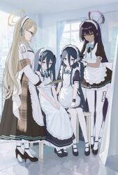 Rule 34 | &lt;key&gt; (blue archive), 4girls, absurdly long hair, adjusting another&#039;s hair, akane (blue archive), alternate costume, apron, aqua bow, aqua bowtie, aqua ribbon, aris (blue archive), aris (maid) (blue archive), black-framed eyewear, black dress, black footwear, black hair, blue archive, borrowed clothes, bow, bowtie, breasts, commentary, dark-skinned female, dark skin, dress, dual persona, enmaided, flat chest, frilled apron, frills, glasses, gloves, hair between eyes, halo, high heels, highres, holding, holding mirror, indoors, karin (blue archive), large breasts, long hair, looking at another, looking at viewer, maid, maid headdress, mary janes, medium breasts, mirror, multiple girls, official alternate costume, one side up, own hands together, pantyhose, petticoat, pinafore dress, plaid shawl, puffy short sleeves, puffy sleeves, reflective floor, ribbon, ringed eyes, shawl, shoes, short sleeves, sleeveless, sleeveless dress, straight hair, vanilla (1171372740), very long hair, white apron, white gloves, white pantyhose, wristband