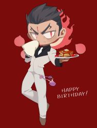 Rule 34 | 1boy, aizen (housamo), black hair, deformed, english text, facial mark, food, forehead mark, formal, full body, gift art, halo, halo behind head, handkerchief, happy birthday, highres, male focus, pancake, pants, red background, red eyes, sideburns, solo, suit, tassel, tokyo houkago summoners, tyou, white pants, white suit, wiping mouth