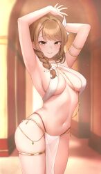 Rule 34 | 1girl, absurdres, armpits, arms up, aura (aurapls), bare arms, bare shoulders, bikini, braid, breasts, brown eyes, brown hair, chain, cleavage, closed mouth, collar, cowboy shot, dancer, fire emblem, fire emblem engage, gold, goldmary (fire emblem), hair over shoulder, harem outfit, highres, large breasts, long hair, looking at viewer, mole, mole on breast, navel, nintendo, o-ring, o-ring top, pelvic curtain, revealing clothes, skindentation, smile, solo, stomach, swimsuit, thighlet, thighs, white bikini