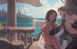 Rule 34 | 1boy, 1girl, animal, bigrbear, black gloves, black hair, blouse, blue sky, boat, breasts, cat, clothed male nude female, cloud, day, gloves, green hair, highres, long hair, looking at viewer, medium breasts, navel, nipples, nude, ocean, open clothes, open mouth, open shirt, original, outdoors, pointy ears, pussy, shirt, short hair, sky, smoking pipe, teeth, uncensored, upper teeth only, watercraft, white shirt