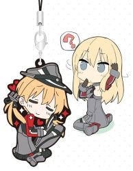 Rule 34 | 10s, 2girls, ?, anchor hair ornament, arm up, bismarck (kancolle), blonde hair, blue eyes, cellphone charm, cellphone strap, charm (object), chibi, detached sleeves, closed eyes, hair ornament, hat, unworn hat, unworn headwear, heart, jpeg artifacts, kani biimu, kantai collection, charm (object), long hair, multiple girls, peaked cap, prinz eugen (kancolle), sitting, spoken question mark, thighhighs, wariza