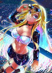 Rule 34 | 1girl, absurdres, arielle (vtuber), blonde hair, blue eyes, breasts, building, chain, city, fingernails, highres, jacket, large breasts, long hair, looking at viewer, multicolored hair, navel, night, railing, sharp fingernails, shorts, smile, sunglasses, sunglasses on head, virtual youtuber