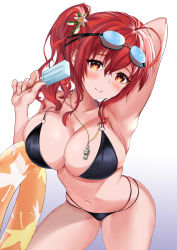 Rule 34 | 1girl, absurdres, ahoge, arm behind head, arm up, armpits, azur lane, bikini, black bikini, blush, breasts, chinese commentary, collarbone, commentary request, cowboy shot, food, goggles, goggles on head, gradient background, grey background, hair between eyes, halterneck, highleg, highleg bikini, highres, holding, holding food, innertube, large breasts, leaning forward, long hair, looking at viewer, midriff, multi-strapped bikini, multiple straps, mz (yeye ai chipao mian), navel, o-ring, o-ring bikini, official alternate costume, popsicle, red hair, side ponytail, sidelocks, simple background, smile, solo, standing, string bikini, swim ring, swimsuit, wet, whistle, whistle around neck, white background, zara (azur lane), zara (poolside coincidence) (azur lane)