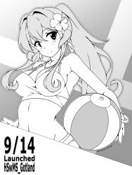 Rule 34 | 1girl, 547th sy, ball, beachball, bikini, breasts, cleavage, dated, flower, gotland (kancolle), hair flower, hair intakes, hair ornament, kantai collection, large breasts, lineart, looking at viewer, mole, mole under eye, monochrome, official alternate costume, ponytail, sidelocks, solo, swimsuit, upper body