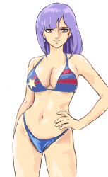Rule 34 | 1girl, arm at side, bare arms, bare shoulders, bikini, blue bikini, breasts, cleavage, closed mouth, earrings, gundam, gundam zz, hand on own hip, highres, jewelry, legs apart, light purple hair, medium breasts, medium hair, mizumori keiichi, red eyes, roux louka, simple background, single earring, smile, solo, standing, star (symbol), swimsuit, thighs, white background