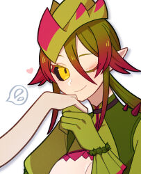 Rule 34 | 2girls, aknsnmg, black sclera, bodice, breasts, cleavage, cleavage cutout, closed mouth, clothing cutout, colored sclera, commentary request, espinas, eyeshadow, flying sweatdrops, gloves, green gloves, green hair, hat, heart, highres, holding hands, kiss, kissing hand, light blush, looking at viewer, makeup, medium breasts, monster hunter (series), multicolored hair, multiple girls, one eye closed, personification, ponytail, red eyeshadow, red hair, short hair, shoulder spikes, smile, speech bubble, spikes, thorns, tricorne, two-tone hair, white background, yellow gloves, yuri