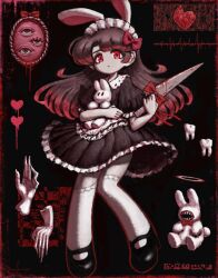 Rule 34 | 1girl, apron, black hair, bow, commentary request, disembodied hand, dress, eyebrows hidden by hair, gestart333, gradient hair, hair bow, halo, heart, highres, holding, holding knife, knife, maid, maid headdress, medium dress, multicolored hair, original, puffy short sleeves, puffy sleeves, red bow, red eyes, red hair, sharp teeth, short sleeves, solo, stuffed animal, stuffed rabbit, stuffed toy, teeth, thighhighs, tooth, waist apron, white thighhighs, zettai ryouiki