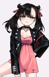 Rule 34 | 1girl, asymmetrical bangs, black choker, black hair, black jacket, blush, breasts, choker, cleavage, closed mouth, commentary request, creatures (company), dress, earrings, eyelashes, game freak, green eyes, hair ribbon, hand on own hip, highres, jacket, jewelry, long sleeves, looking at viewer, marnie (pokemon), nintendo, open clothes, open jacket, pink dress, pokemon, pokemon swsh, red ribbon, ribbon, solo, useq1067