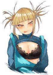 Rule 34 | 1girl, :p, absurdres, alternate costume, bags under eyes, black bra, blonde hair, blue sweater, blunt bangs, boku no hero academia, bra, breasts, cleavage, closed mouth, clothes lift, cropped torso, double bun, hair bun, hair up, highres, looking at viewer, medium breasts, messy hair, narrowed eyes, overalls, sidelocks, simple background, slit pupils, solo, sweater, sweater lift, toga himiko, tongue, tongue out, turtleneck, turtleneck sweater, underwear, upper body, white background, yellow eyes, zd (pixiv6210083)