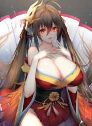 Rule 34 | 1girl, :d, absurdres, ahoge, azur lane, bare shoulders, bird mask, blush, breasts, brown hair, chixiao, cleavage, collarbone, commentary, cowboy shot, crossed bangs, detached sleeves, grey background, groin, hair between eyes, hair ribbon, hands up, highres, huge breasts, japanese clothes, kimono, long hair, long sleeves, looking at viewer, mask, mask on head, obi, open mouth, red eyes, red kimono, ribbon, sash, short kimono, smile, solo, striped ribbon, taihou (azur lane), tassel, thighs, twintails, very long hair, wide sleeves