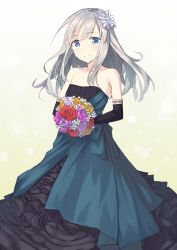 Rule 34 | 10s, apo (apos2721), bare shoulders, black dress, black gloves, blue eyes, bouquet, bow, collarbone, dress, elbow gloves, flower, formal, gloves, hair between eyes, hair bow, highres, kantai collection, long hair, looking at viewer, silver hair, smile, solo, standing, strapless, strapless dress, teeth, u-511 (kancolle), white background
