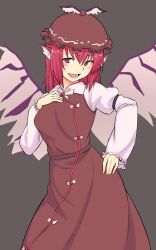 Rule 34 | 1girl, animal ears, bird ears, bird wings, black background, breasts, brown dress, commentary, dress, hand on own chest, hat, highres, juliet sleeves, kakone, long sleeves, looking at viewer, medium breasts, mob cap, mystia lorelei, one-hour drawing challenge, open mouth, pink eyes, pink hair, puffy sleeves, simple background, solo, touhou, winged hat, wings