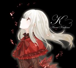 Rule 34 | 10s, 1girl, bad id, bad pixiv id, black background, bow, capelet, character name, copyright name, floating hair, ishido mutsuki, k-project, kushina anna, lolita fashion, long hair, looking up, neck ribbon, parted lips, red bow, red eyes, red ribbon, ribbon, silver hair, simple background, solo, tears