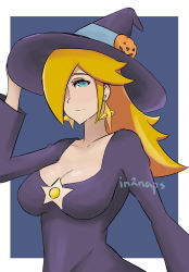 Rule 34 | 1girl, absurdres, blonde hair, blue eyes, breasts, earrings, hair over one eye, hat, highres, in2naps, jewelry, large breasts, long hair, mario (series), mario kart, mario kart tour, nintendo, official alternate costume, rosalina, solo, witch, witch hat