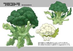 Rule 34 | animal focus, broccoli, cauliflower, character name, closed mouth, english text, food focus, from side, full body, highres, japanese text, kumakoro (tetsupag), leaf, mixed-language text, multiple views, no humans, open mouth, original, profile, red eyes, simple background, standing, white background