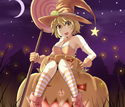 Rule 34 | bare shoulders, blonde hair, breasts, candy, cleavage, crescent moon, fang, food, gloves, gosledging, halloween, hat, highres, jack-o&#039;-lantern, moon, night, pumpkin, solo, striped legwear, witch hat, yellow eyes