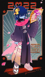 Rule 34 | 1other, 2022, alternate costume, blue hair, blue skin, colored skin, commentary request, crossed arms, deltarune, floral print, flower, hair ornament, hair over eyes, hand fan, highres, holding, holding fan, japanese clothes, kimono, kris (deltarune), long sleeves, obi, parted lips, pink scarf, ralsei, sash, scarf, senjochi janai, shaded face, signature, simple background, solo, susie (deltarune), tabi, v, wide sleeves