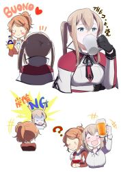 Rule 34 | 10s, 2girls, :d, = =, ?, alcohol, aquila (kancolle), beer, beer mug, black gloves, blonde hair, blue eyes, blush, blush stickers, breasts, capelet, celtic knot, collared shirt, commentary, cross, cup, drinking, drinking glass, gloves, graf zeppelin (kancolle), green ribbon, hair between eyes, hair ornament, hairclip, hand on another&#039;s shoulder, heart, high ponytail, holding, holding cup, holding drinking glass, iron cross, kantai collection, large breasts, long hair, military, military uniform, mug, multiple girls, necktie, no headwear, no headwear, open mouth, orange hair, orangina, ponytail, ribbon, shirt, sidelocks, smile, tachikoma (mousou teikoku), tongue, tongue out, translated, turn pale, twintails, uniform, wavy hair, white background, white shirt, wine, wine glass