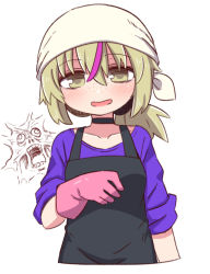 Rule 34 | 1girl, apron, black apron, black choker, blush, brown eyes, brown hair, character request, choker, collarbone, cropped torso, freckles, gloves, hair between eyes, head scarf, highres, long hair, low ponytail, multicolored hair, naga u, parted lips, pink gloves, pink hair, ponytail, purple shirt, rubber gloves, shirt, short sleeves, simple background, sleeves rolled up, smile, solo, streaked hair, tonari no figure genkeishi, upper body, white background