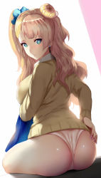 Rule 34 | 10s, 1girl, ass, asymmetrical hair, back, blonde hair, blue eyes, blue skirt, blush, breasts, cardigan, earrings, female focus, from behind, galko, hair bun, hair ornament, hair scrunchie, hand on own ass, hews, highres, holding, holding clothes, holding skirt, jewelry, large breasts, long hair, long sleeves, looking at viewer, looking back, nail polish, no pants, one side up, oshiete! galko-chan, panties, pink nails, plump, school uniform, scrunchie, shiny skin, shirt, side bun, simple background, single side bun, sitting, skirt, unworn skirt, solo, underwear, wavy hair, white background, white panties, white shirt, wide hips