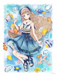 Rule 34 | 1girl, artist name, bare arms, bare shoulders, basket, blonde hair, blue dress, blue eyes, blue footwear, bonnet, bow, breasts, bubble, butterflyfish, closed mouth, clownfish, coral, curled fingers, dress, fish, frilled dress, frilled vest, frills, full body, hair ribbon, hat, head tilt, highres, hitoba, holding, holding basket, layered dress, long hair, looking at viewer, moorish idol, original, ribbon, sandals, sleeveless, sleeveless dress, small breasts, smile, solo, striped bow, toes, tropical fish, very long hair, vest, wavy hair