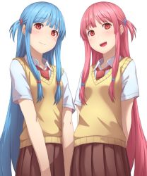 Rule 34 | 2girls, :d, arms behind back, blue hair, blush, brown skirt, closed mouth, collared shirt, kotonoha akane, kotonoha aoi, kurione (zassou), long hair, multiple girls, necktie, one side up, open mouth, pink hair, pleated skirt, red eyes, red neckwear, shirt, short sleeves, siblings, simple background, sisters, skirt, smile, straight hair, sweater vest, teeth, very long hair, voiceroid, white background, white shirt