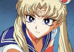 1girl aiokosaio antenna_hair bishoujo_senshi_sailor_moon blonde_hair blue_eyes blue_sailor_collar choker circlet commentary crescent crescent_earrings derivative_work earrings heart heart_choker jewelry meme parody portrait red_choker sailor_collar sailor_moon sailor_moon_redraw_challenge_(meme) screenshot_redraw solo style_parody sweat takahashi_kazuki_(style) tsukino_usagi yu-gi-oh!