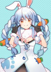 Rule 34 | 1girl, absurdres, animal ear fluff, animal ears, bad id, bad pixiv id, black gloves, black leotard, blue background, blue hair, blush, breasts, carrot hair ornament, carrot in pocket, cleavage, commentary, cowboy shot, don-chan (usada pekora), dress, food-themed hair ornament, fur-trimmed gloves, fur trim, gloves, hair between eyes, hair ornament, highres, hikimayu, hololive, leotard, long hair, multicolored hair, narmi illust, orange eyes, pointing, pointing at self, polka dot, polka dot background, rabbit ears, rabbit girl, rabbit tail, short eyebrows, small breasts, smile, solo, tail, thick eyebrows, two-tone hair, usada pekora, usada pekora (1st costume), very long hair, virtual youtuber, white dress, white hair