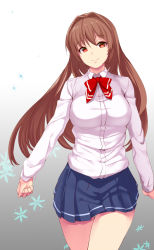 Rule 34 | 1girl, aiiyu, bare legs, blue skirt, bow, bowtie, brown hair, clenched hand, collared shirt, cowboy shot, dress shirt, female focus, gradient background, grey background, hair intakes, head tilt, highres, legs, long hair, long sleeves, looking at viewer, original, pleated skirt, red eyes, school uniform, shirt, skirt, smile, snowflakes, solo, walking, white background