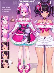 Rule 34 | 1girl, :o, @ @, absurdres, ahoge, alternate skin color, animal ear fluff, animal ears, bead bracelet, bead necklace, beads, bell, black hair, black ribbon, bracelet, breasts, bubi (ironmouse), candle, character name, choker, clickdraws, closed eyes, collarbone, cone hair bun, double bun, dress, expressions, fang, food, frilled dress, frilled shorts, frills, ghost, hair bun, hair ornament, head wings, heart, heart ahoge, heart hair ornament, heterochromia, high heels, highres, horns, ironmouse, jewelry, lace, lace choker, midriff, mouse ears, multicolored hair, nail polish, navel, neck bell, necklace, official alternate hair color, pink dress, pink footwear, pink hair, pink nails, pink shirt, pudding, puffy short sleeves, puffy sleeves, purple eyes, purple hair, red eyes, red wings, ribbon, shadow, shirt, short sleeves, shorts, skin fang, smile, sparkling eyes, tan, tied shirt, toenail polish, toenails, twintails, twitter username, two-tone hair, virtual youtuber, vshojo, white horns, white shorts, white wings, wings