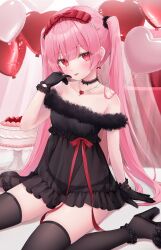 Rule 34 | 1girl, balloon, bare shoulders, black choker, black dress, black footwear, black gloves, black panties, brown thighhighs, cake, character request, choker, closed mouth, dress, earrings, food, frilled dress, frills, fur trim, gloves, hairband, hand up, heart balloon, high heels, highres, indie virtual youtuber, jewelry, lace, lace-trimmed panties, lace trim, lingerie, long hair, looking at viewer, mole, mole under eye, necklace, off-shoulder dress, off shoulder, panties, pink hair, red eyes, red ribbon, ribbon, see-through, see-through dress, shano hiyori, short dress, sitting, skindentation, smile, solo, thighhighs, thighs, tongue, tongue out, twintails, underwear, very long hair, virtual youtuber, wariza