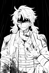 Rule 34 | 1boy, blood, blood on clothes, chest harness, erlking heathcliff (project moon), greyscale, harness, heathcliff (project moon), highres, holding, limbus company, male focus, monochrome, multiple scars, non-web source, project moon, scar, south ac, sweatdrop