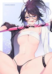 Rule 34 | 1girl, armpits, biting tongue, black hair, black panties, blue eyes, blue hair, blush, breasts, choker, cleavage, collarbone, glasses, groin tendon, highres, holding, indie virtual youtuber, kson, large breasts, looking at viewer, mole, mole under eye, multicolored hair, nanoless, navel, outside border, panties, ponytail, cameltoe, sarashi, sitting, skindentation, smile, solo, souchou, spread legs, sword, thigh strap, tongue, tongue out, underwear, virtual youtuber, weapon