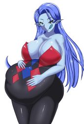 Rule 34 | 1girl, belly, blue hair, blue skin, breasts, cleavage, colored skin, dragon quest, dragon quest viii, dress, highres, large breasts, licking lips, long hair, pointy ears, simple background, smile, stomach bulge, tagme, tongue, tongue out, very long hair, vore, white background, witch (dragon quest), witch lady (dq8)