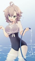 Rule 34 | &gt;:d, 1girl, :d, ahoge, breasts, brown hair, cowboy shot, fang, green eyes, hair between eyes, hair ornament, hairclip, hands up, holding, holding hose, hose, large breasts, natsuki teru, nekomiya ryuu, one-piece swimsuit, open mouth, original, see-through, shirt, short hair, short sleeves, smile, solo, swimsuit, thighs, tied shirt, v-neck, v-shaped eyebrows, wading, white shirt